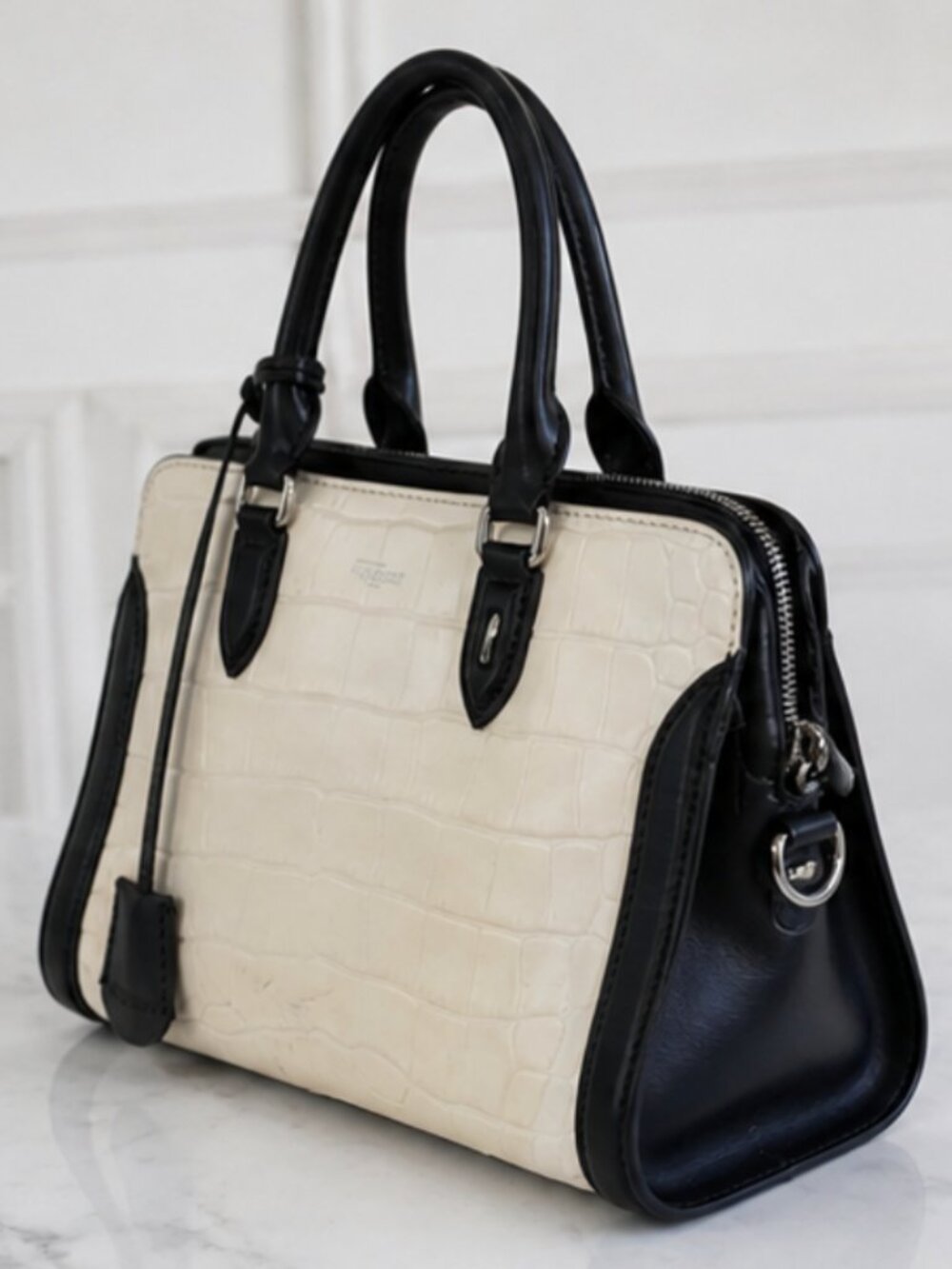 Alexander McQueen Leather Satchel Bag Ivory/Black | Croc Embossed | Retail $1,89